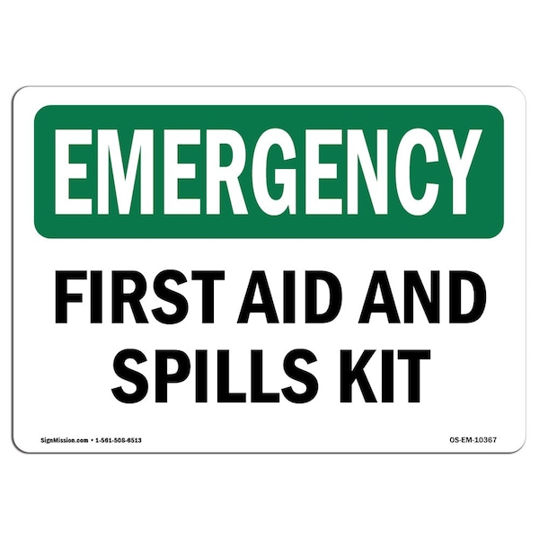 Safety Sign, OSHA EMERGENCY, 3.5" Height, First Aid And Spills Kit, Landscape, 10PK
